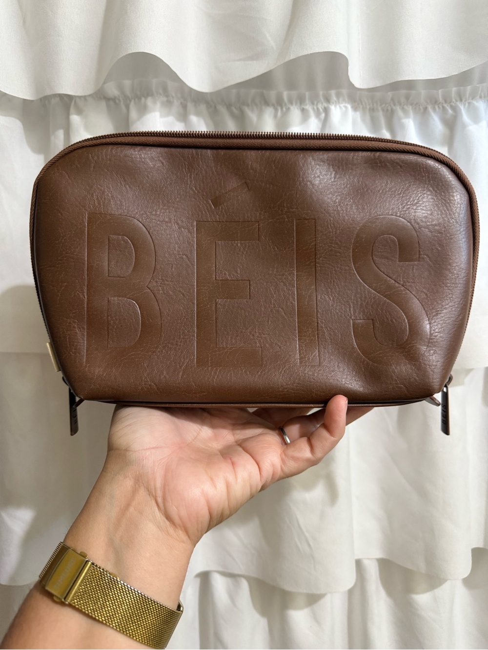 BEIS Chocolate Brown Embossed Leather Toiletry Pouch